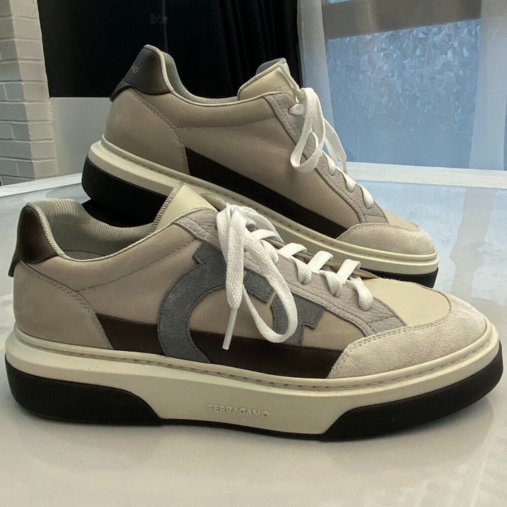 Salvatore Ferragamo Cassina Gancini Leather Sneakers Gray Ivory Size 8